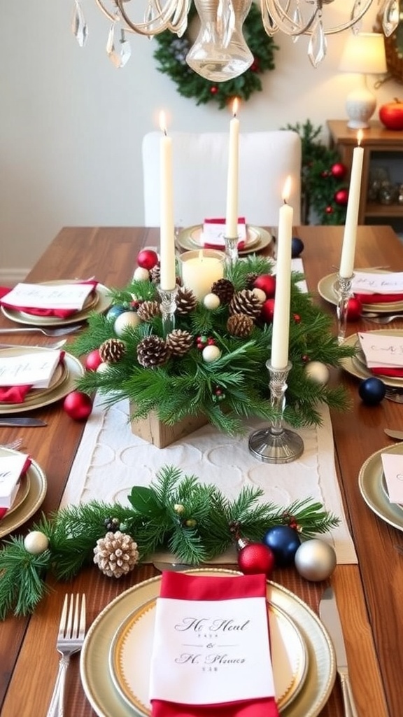 A festive Christmas table with DIY decorations including pinecones, candles, and personalized place cards.